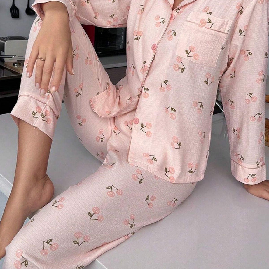 Toz Pembe Sonbahar Kirazları Soft Pijama Takımı 7039