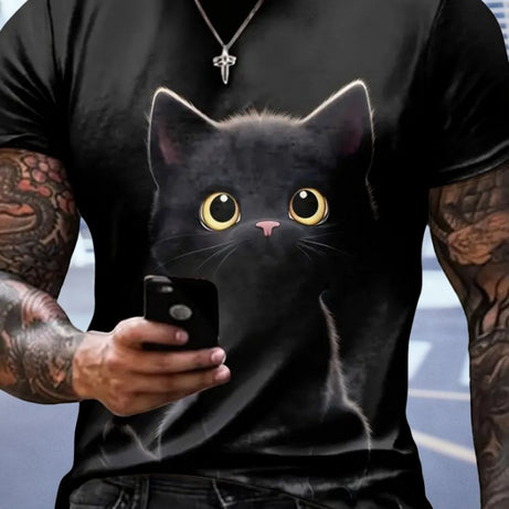 Erkek Bisiklet Yaka Kedi Baskılı Süprem T-shirt