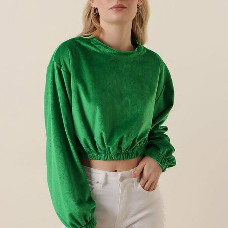 55392 Kadife Crop Bluz - Yeşil