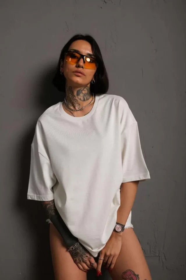 24/1 Düz A Kalite Oversize T-shirt - Beyaz