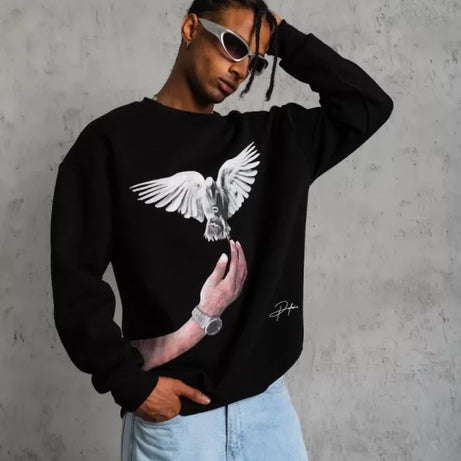 Erkek Güvercin Baskılı Sweatshirt - Siyah