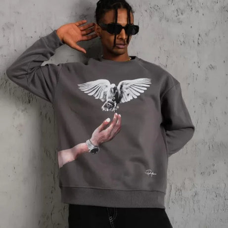 Erkek Güvercin Baskılı Sweatshirt - Gri