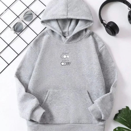 Çocuk Unisex Kapüşonlu Music ON-OFF Baskılı Sweatshirt - Gri