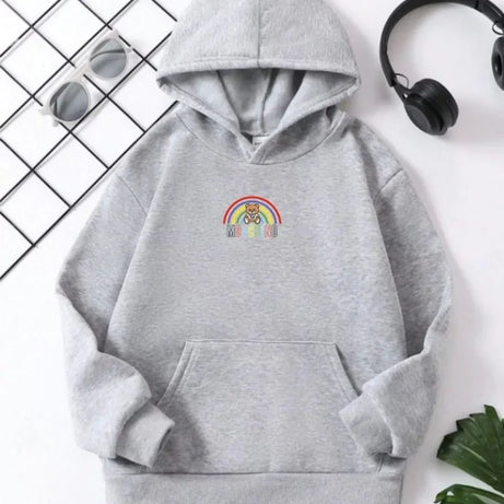 Çocuk Unisex Kapüşonlu Küçük Gökkuşağı Baskılı Sweatshirt - Gri