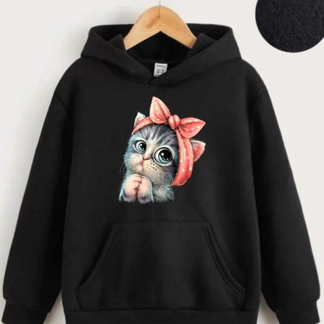 Çocuk Unisex Kapüşonlu Tatlı Kedi Baskılı Sweatshirt - Siyah