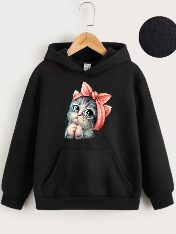 Çocuk Unisex Kapüşonlu Tatlı Kedi Baskılı Sweatshirt - Siyah