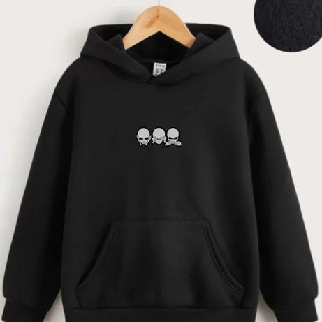 Çocuk Unisex Kapüşonlu Mini Kafa Baskılı Sweatshirt - Siyah