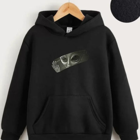 Çocuk Unisex Kapüşonlu Uzaylı Baskılı Sweatshirt - Siyah