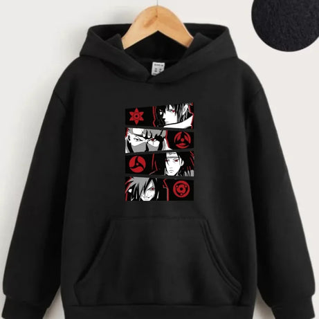 Çocuk Unisex Kapüşonlu Anime Baskılı Sweatshirt - Siyah