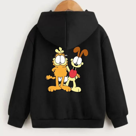 Çocuk Unisex Kapüşonlu Ön Ve Arka Garfield Baskılı Sweatshirt - Siyah