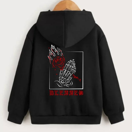 Çocuk Unisex Kapüşonlu Ön Ve Arka Blessed Baskılı Sweatshirt - Siyah