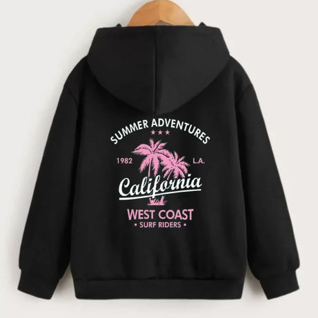 Çocuk Unisex Kapüşonlu Ön Ve Arka California Baskılı Sweatshirt - Siyah