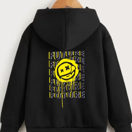 Çocuk Unisex Kapüşonlu Ön Ve Arka Emoji Baskılı Sweatshirt - Siyah