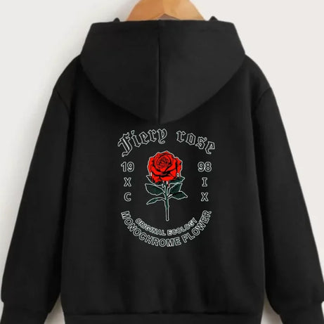 Çocuk Unisex Kapüşonlu Ön Ve Arka Fiery Rose Baskılı Sweatshirt - Siyah