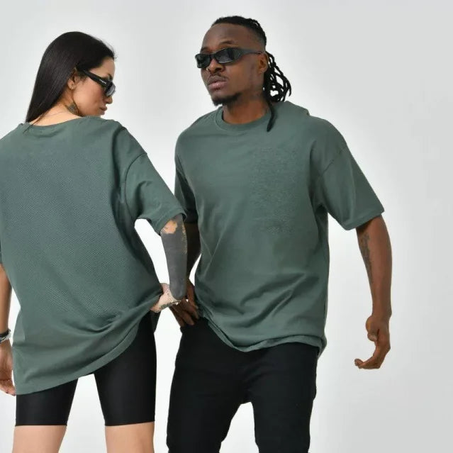 Unisex Basic Bisiklet Yaka Oversize T-Shirt - Haki