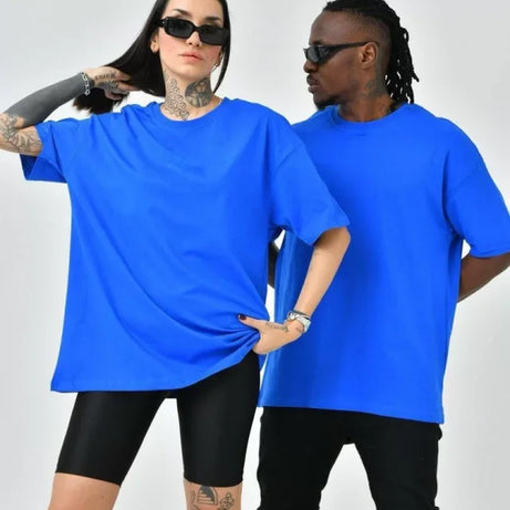 Unisex Basic Bisiklet Yaka Oversize T-Shirt - Mavi