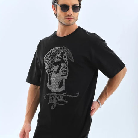 Unisex Oversize Taşlı Bisiklet Yaka T-Shirt - Siyah