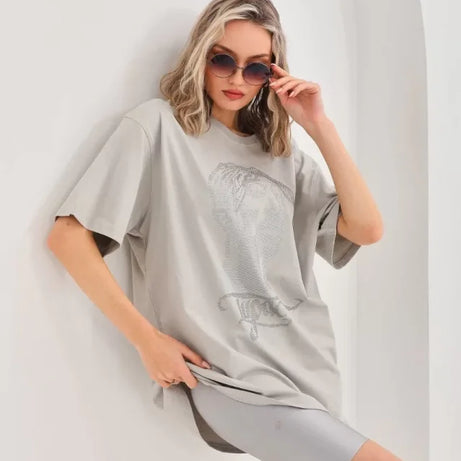 Unisex Taş Desenli Oversize T-Shirt - Gri