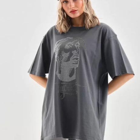 Unisex Taş Desenli Oversize T-Shirt - Füme