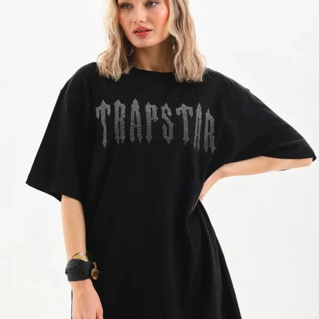 Unisex Taş Desenli Oversize T-Shirt - Siyah