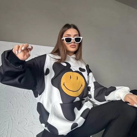 Smiley Face Kapüşonlu Sweatshirt - Siyah