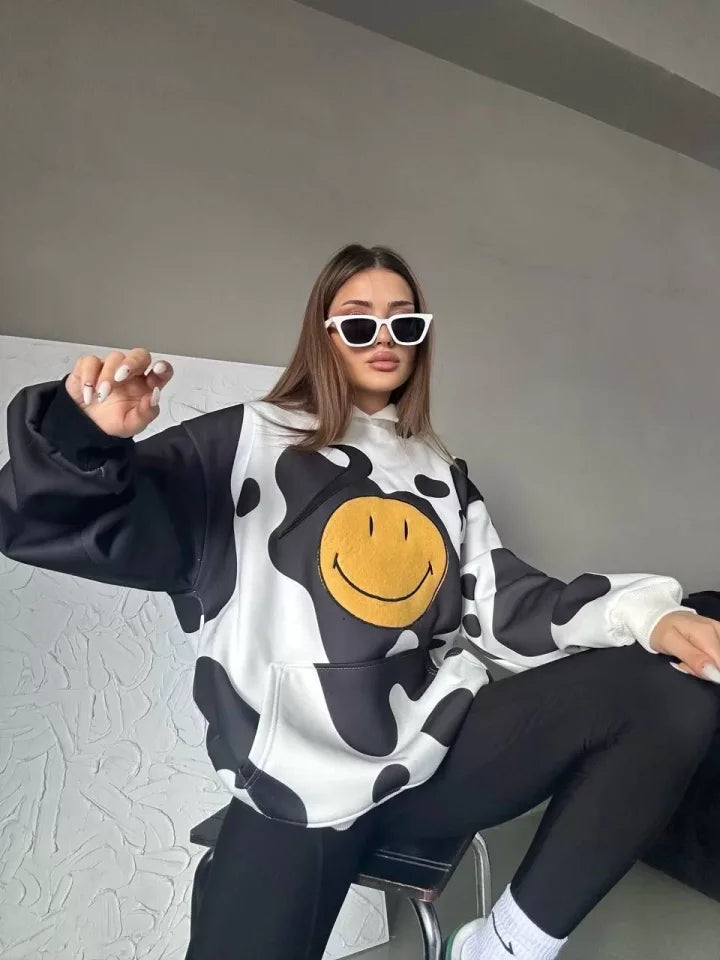 Smiley Face Kapüşonlu Sweatshirt - Siyah