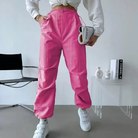 Paraşüt Kumaş Beli Lastikli Pantalon-Pembe