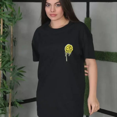 Unisex Bisiklet Yaka Baskılı Oversize T-Shirt - Siyah