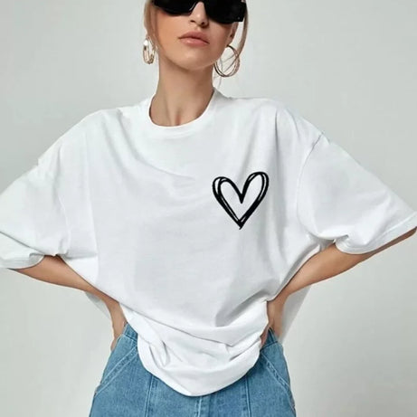 Bisiklet Yaka Baskılı Oversize T-Shirt - Beyaz