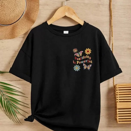 Kız Çocuk Bisiklet Yaka Baskılı T-Shirt - Siyah