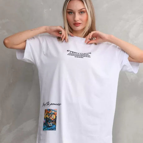 Unisex Bisiklet Yaka Baskılı Oversize T-Shirt - Beyaz