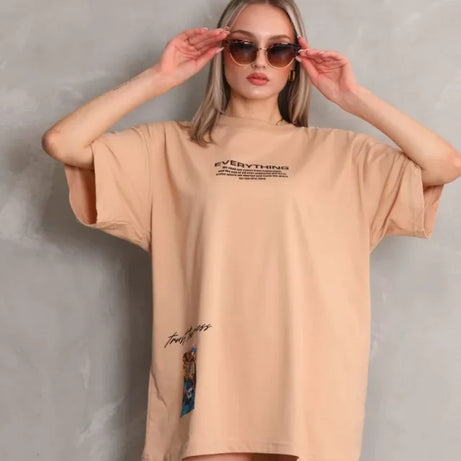 Unisex Bisiklet Yaka Baskılı Oversize T-Shirt - Bej