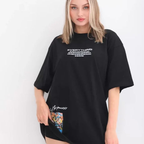 Unisex Bisiklet Yaka Baskılı Oversize T-Shirt - Siyah