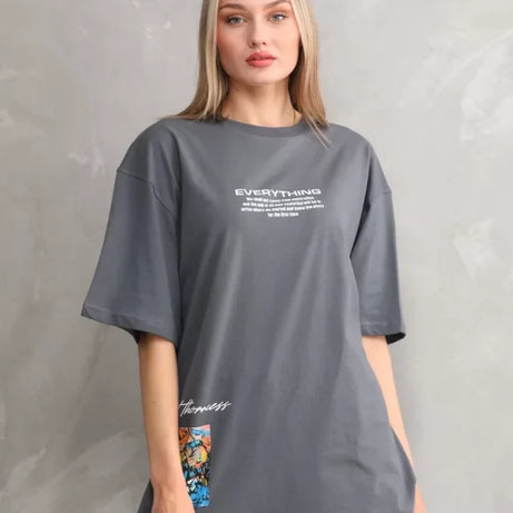 Unisex Bisiklet Yaka Baskılı Oversize T-Shirt - Gri