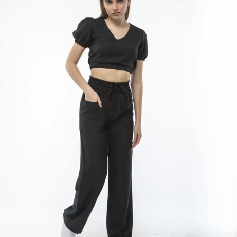 Kadin Keten Pantalon Ve Crop Takım - Siyah