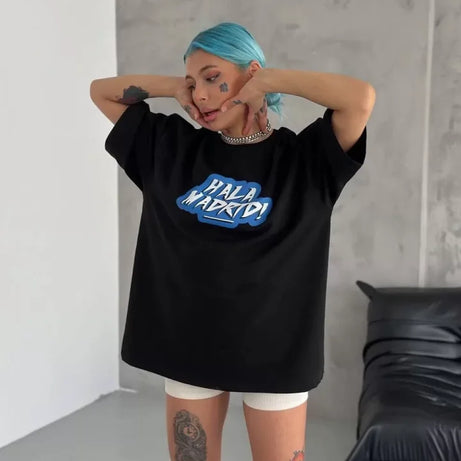 Unisex Bisiklet Yaka Baskılı Oversize T-Shirt - Siyah