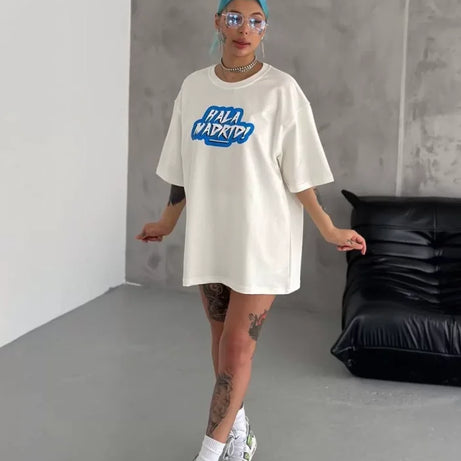 Unisex Bisiklet Yaka Baskılı Oversize T-Shirt - Beyaz