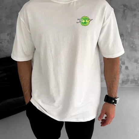 Unisex Bisiklet Yaka Baskılı Oversize T-Shirt - Beyaz