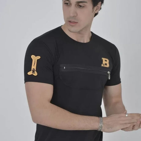 Unisex Göğüs Fermuarlı Baskılı T-Shirt - Siyah