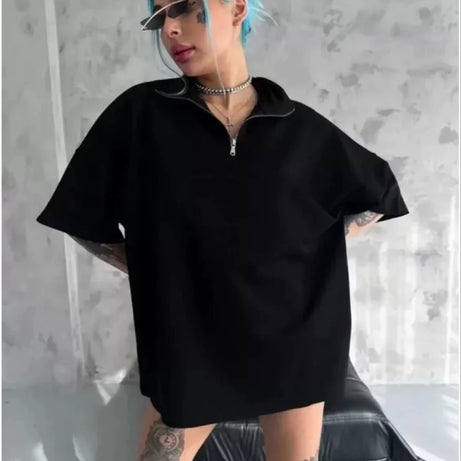 Unisex Yarım Fermuarlı Düz Oversize T-Shirt - Siyah