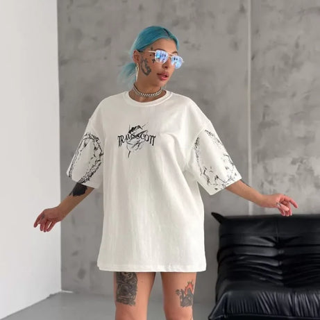 Unisex Bisiklet Yaka Baskılı Oversize T-Shirt - Beyaz