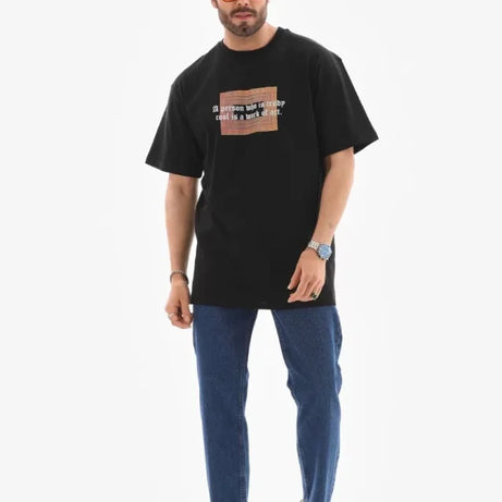 Unisex Bisiklet Yaka Baskılı Oversize T-Shirt - Siyah