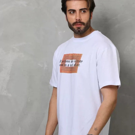 Unisex Bisiklet Yaka Baskılı Oversize T-Shirt - Beyaz