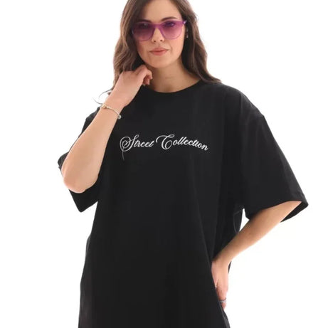 Unisex Bisiklet Yaka Baskılı Oversize T-Shirt - Siyah