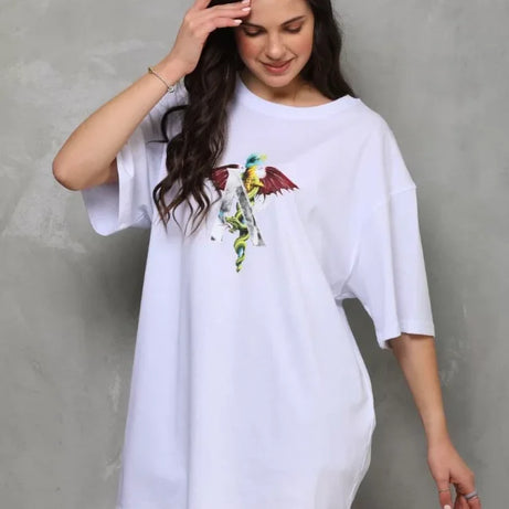 Unisex Bisiklet Yaka Baskılı Oversize T-Shirt - Beyaz