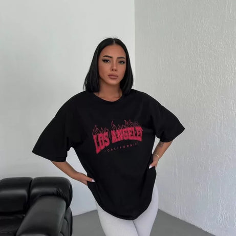 Unisex Bisiklet Yaka Baskılı Oversize T-Shirt - Siyah