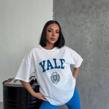 Unisex Bisiklet Yaka Baskılı Oversize T-Shirt - Beyaz