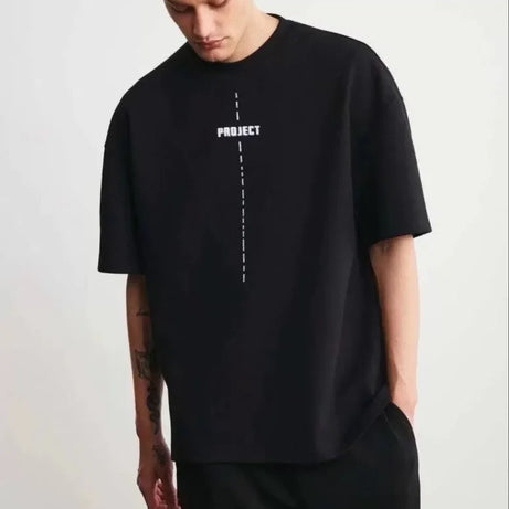 Unisex Bisiklet Yaka Baskılı Oversize T-Shirt - Siyah