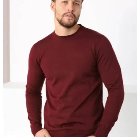 Unisex Uzun Kol Biskilet Yaka Dokuma Triko - Bordo