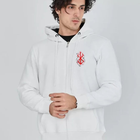 Unisex Baskılı Tam Fermuarlı Kapşonlu SweatShirt - Beyaz